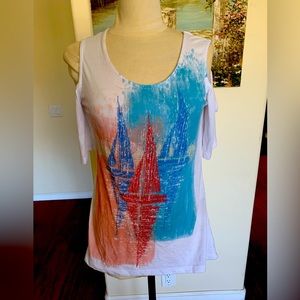 Pretty, summer, cold shoulder top, with sailboat BUNDLE 2 OR MORE FOR THIS PRICE